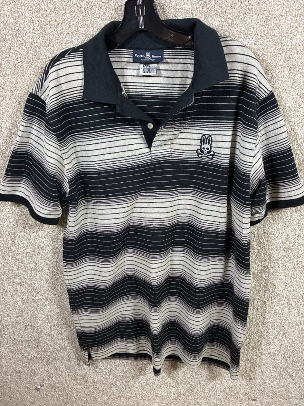 Psycho Bunny Mens Size 7 Polo Shirt Black Gray Stripe Pima Cotton Skull Logo